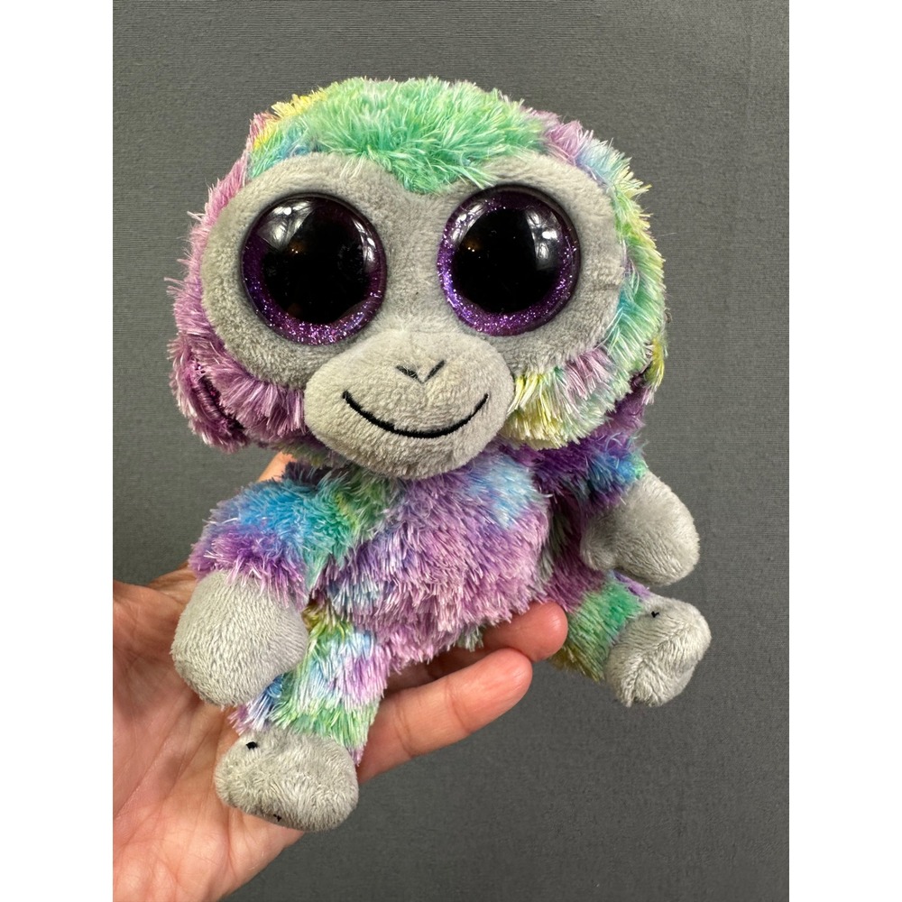 Ty Beanie Boos Zuri Monkey Multi Color Rainbow Tie Dye Plush 6 inch Purple Eyes